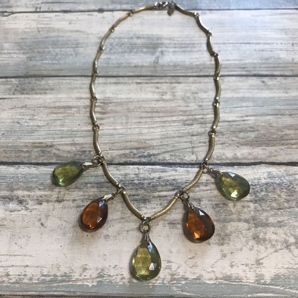 Sarah Coventry 1975 Ember Tears Necklace 16" Gold‎ Tone Chain orange green